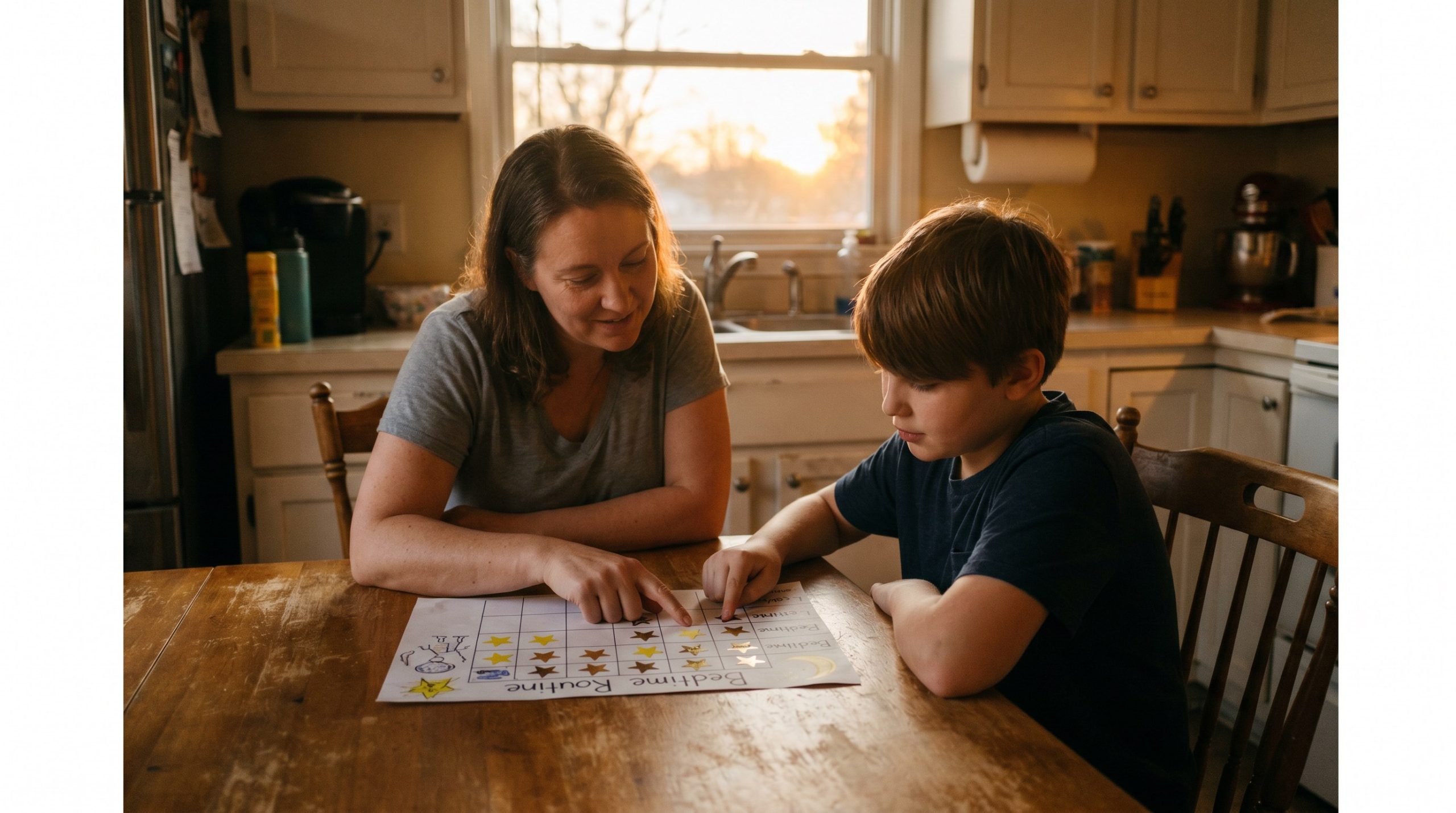 A calm bedtime routine chart and parent helping child with a positive reinforcement plan