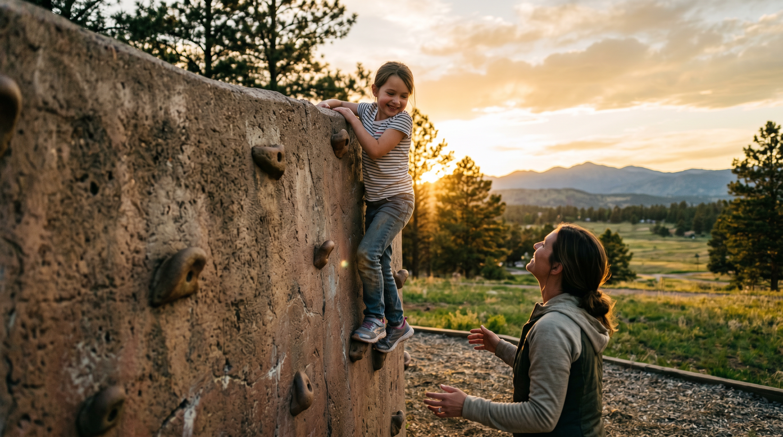 A child successfully climbing a low outdoor obstacle with a supportive adult nearby