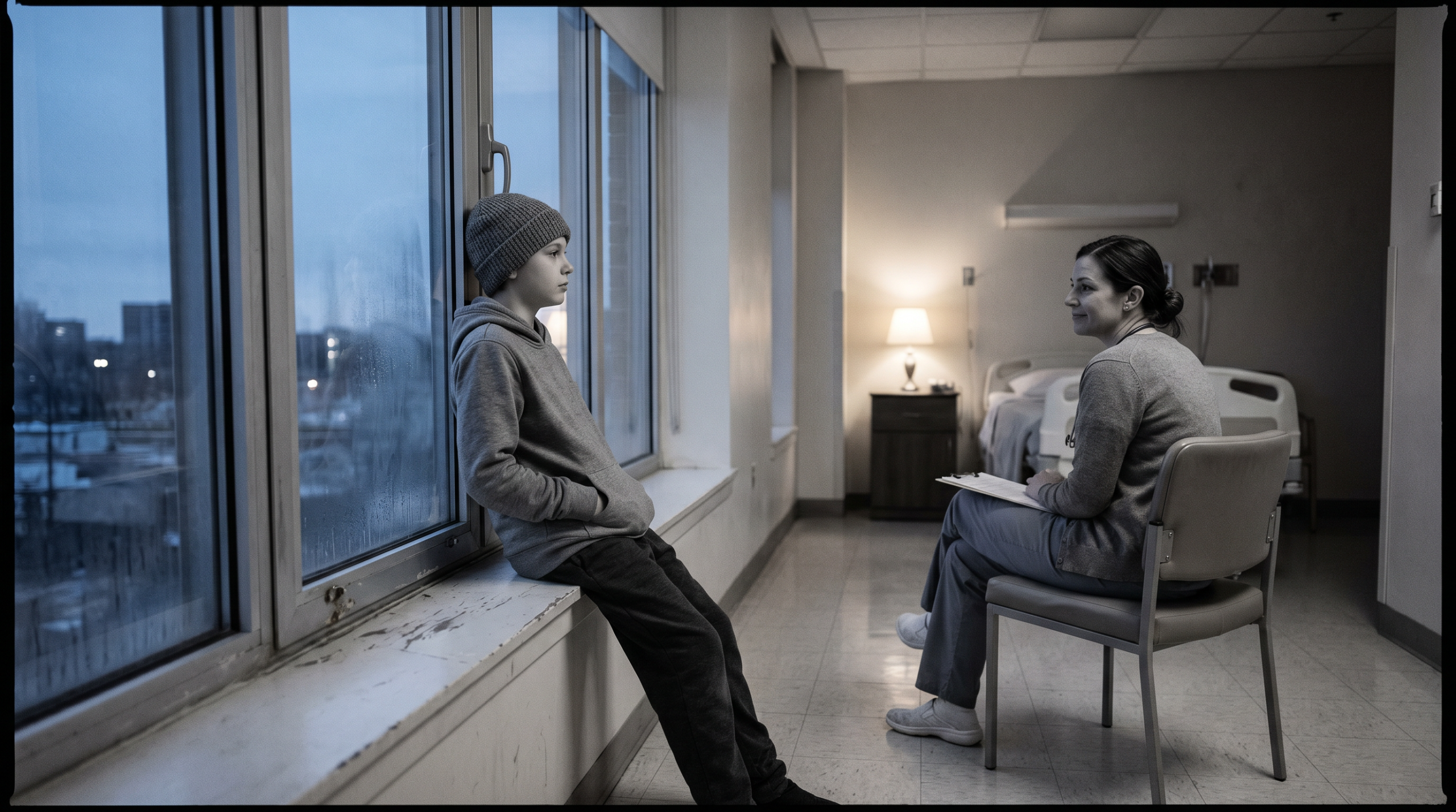 A withdrawn child sitting alone on a windowsill looking outside