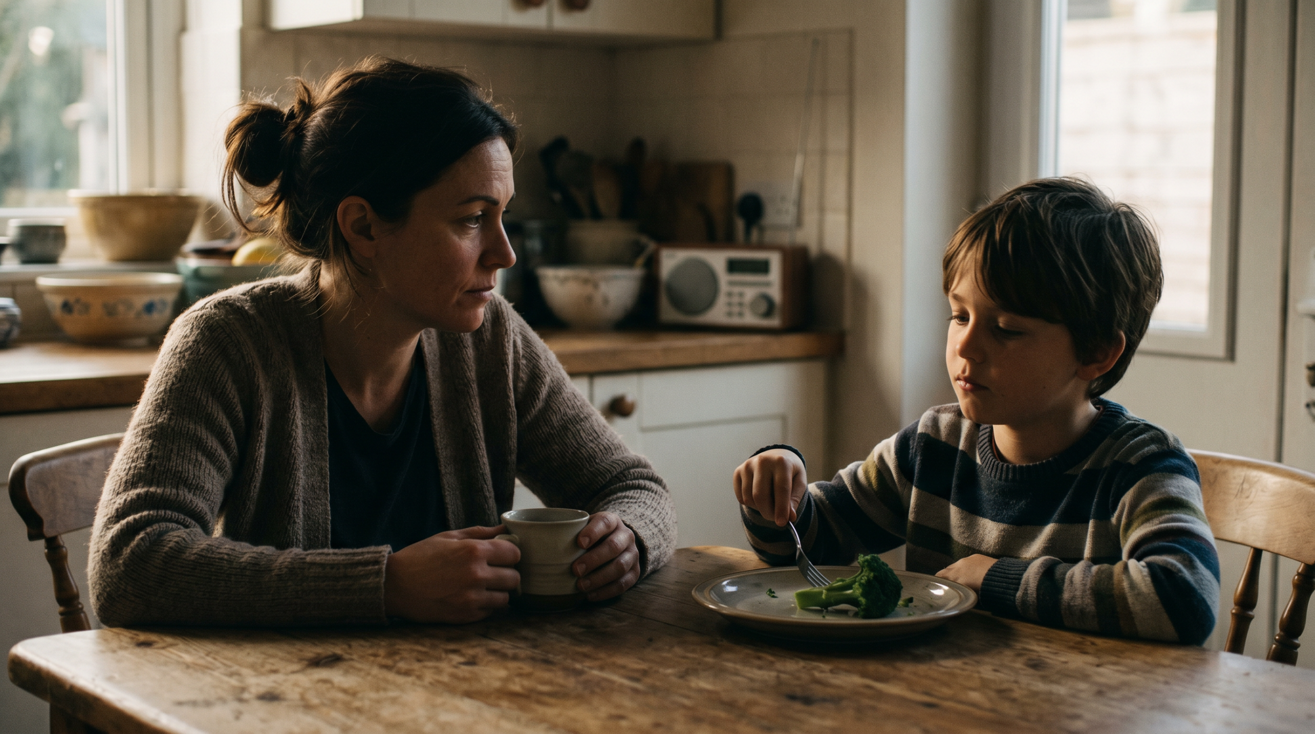 A parent quietly observing a child who seems withdrawn at the dinner table