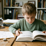 A gifted child reading an advanced book while homework sits unfinished on the desk