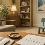 A warm clinical consultation room with an evidence graph, compass, and child-sized chair representing clinical judgement in child psychiatry.