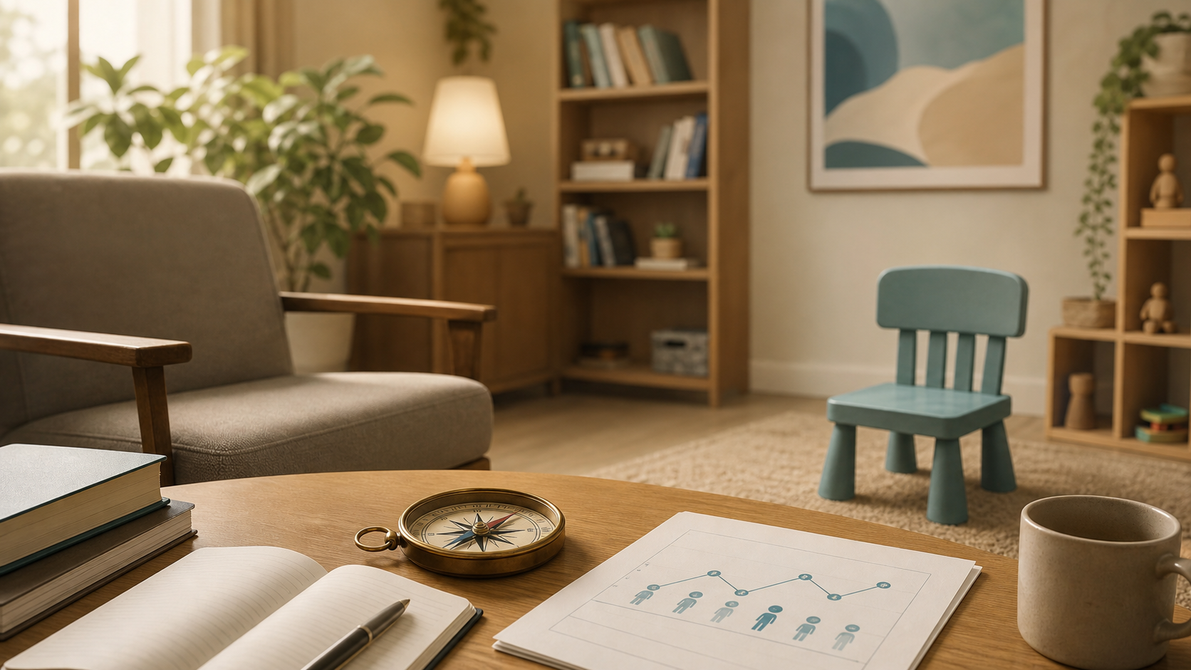 A warm clinical consultation room with an evidence graph, compass, and child-sized chair representing clinical judgement in child psychiatry.