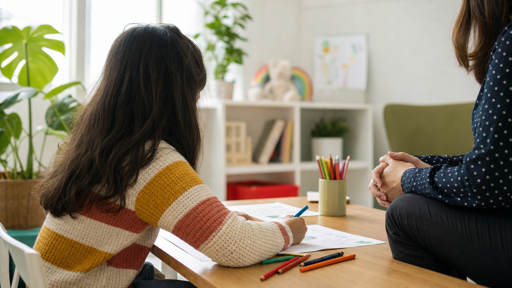 A child drawing at a table while an adult listens at the child's eye level.