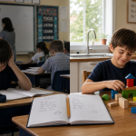 The same child seen in a classroom and at home, showing how context changes the meaning of behavior.