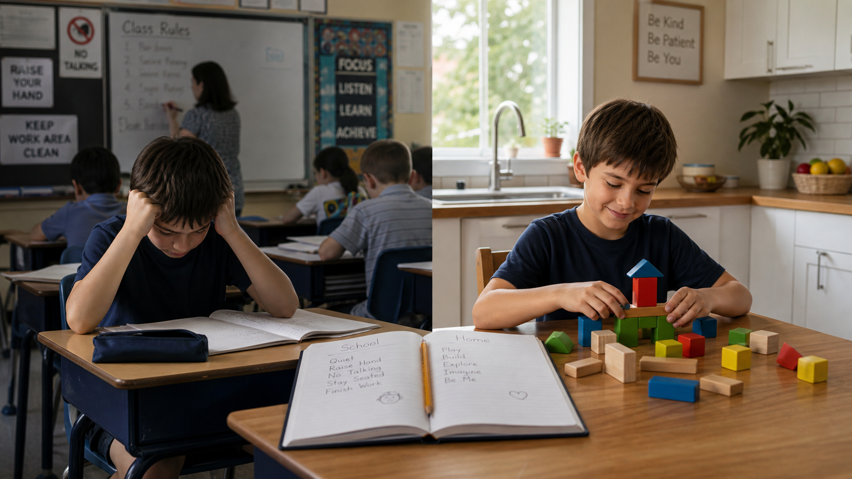 The same child seen in a classroom and at home, showing how context changes the meaning of behavior.