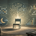 A child-sized chair surrounded by family, school, sleep, risk, and evidence symbols, showing formulation beyond diagnosis.