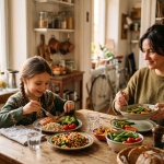 A balanced family meal with fresh vegetables and a child at the table