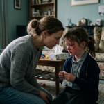 A parent kneeling to speak calmly with an upset child in a living room