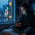 A teenager holding a smartphone with a reflective expression in soft evening light