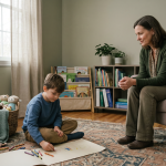 A child in a safe therapy space with soft lighting and comforting objects