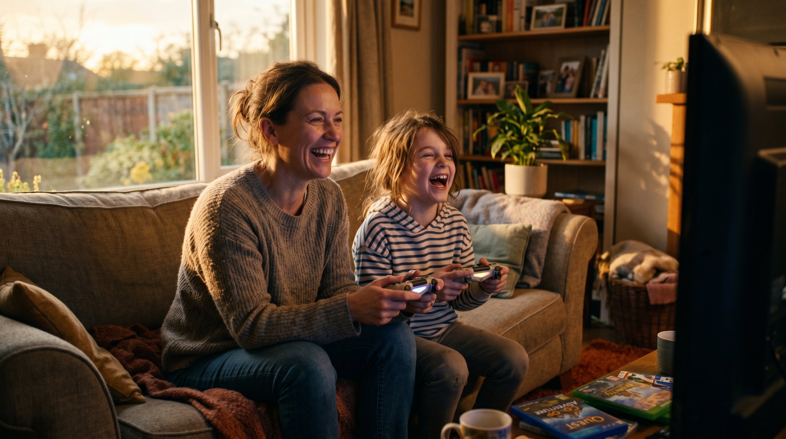 A parent and child playing a video game together on the couch, laughing