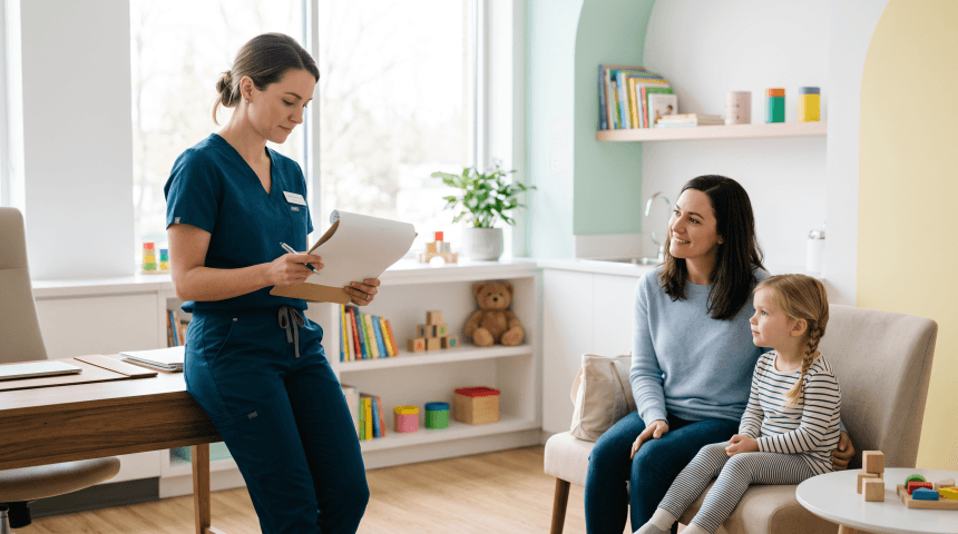 Clinician reviewing notes with parent and child in a pediatric office