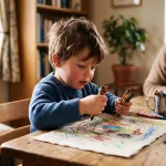 Child drawing while a supportive adult sits nearby