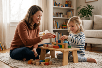 Therapist and child building trust with play materials