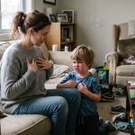 Parent coaching an irritable child through a calm-down routine