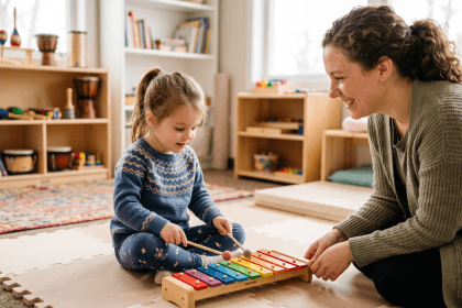 Child playing a soft xylophone with a music therapist