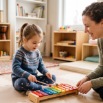 Child playing a soft xylophone with a music therapist