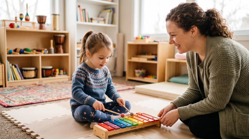 Child playing a soft xylophone with a music therapist