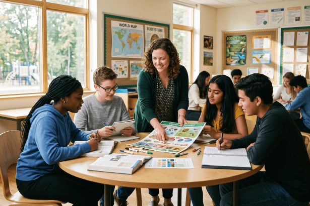 Teacher helping diverse students collaborate at a round table