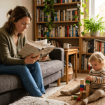 Parent reviewing a child psychiatry guidebook while a child plays calmly nearby