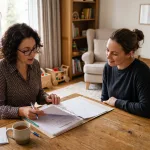 Clinician and parent thoughtfully reviewing notes in a consulting room