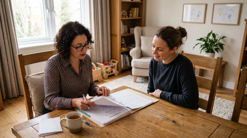 Clinician and parent thoughtfully reviewing notes in a consulting room