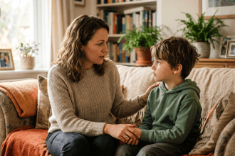 Parent gently talking with a school-age child on a living room couch